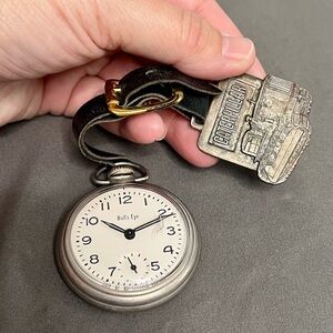 VTG Westclox Wind Up Pocket Watch W/ Caterpillar Leather Strap FOB Works